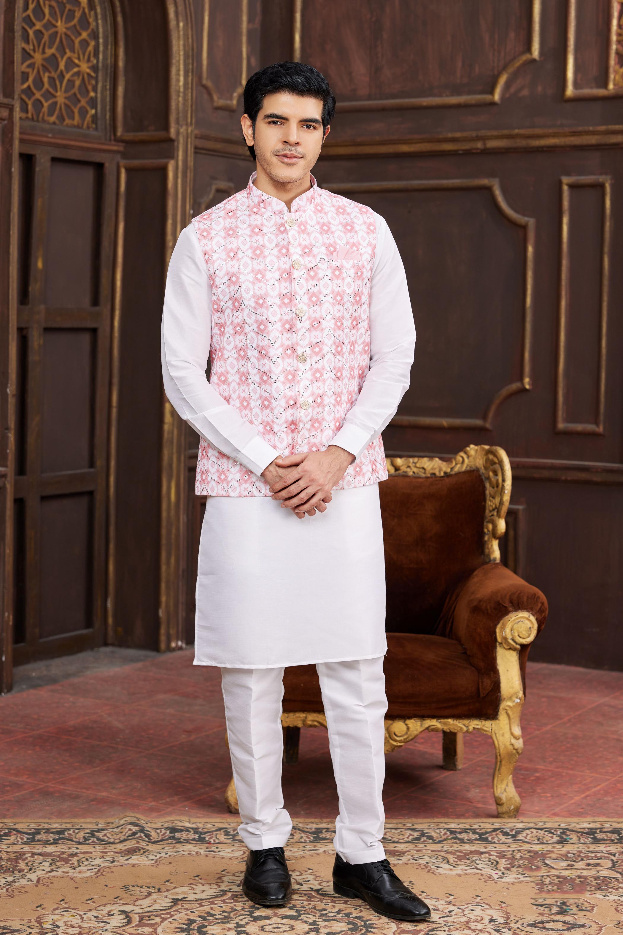 Off White Art Silk Jacket Kurta Payjama