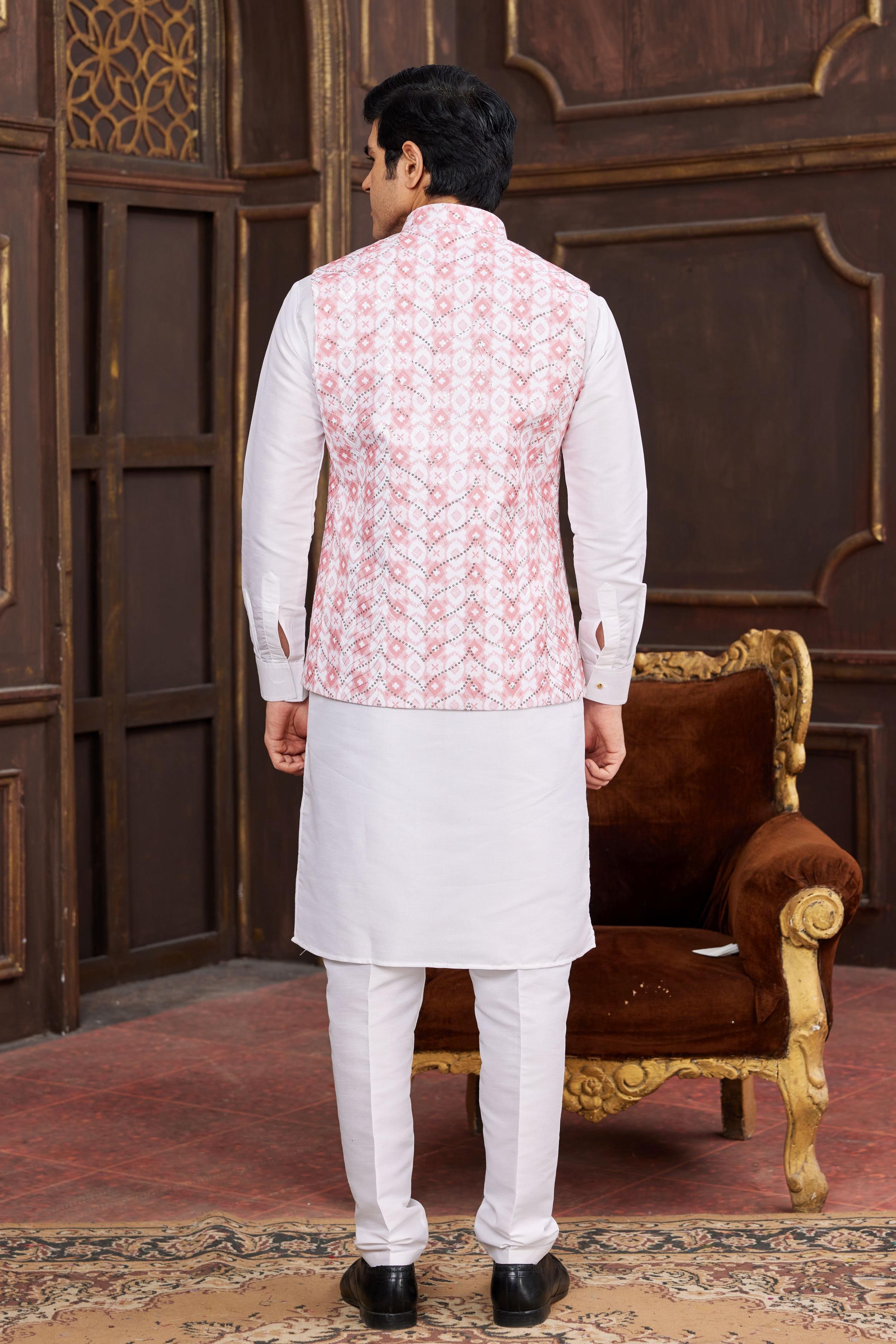 Off White Art Silk Jacket Kurta Payjama