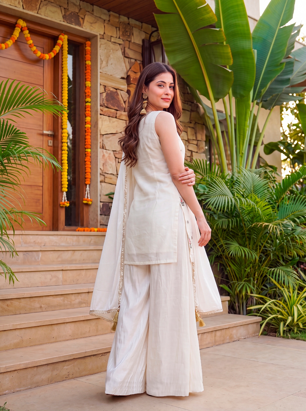 Off White Bead Work French Crepe Palazzo Suit — alternate view