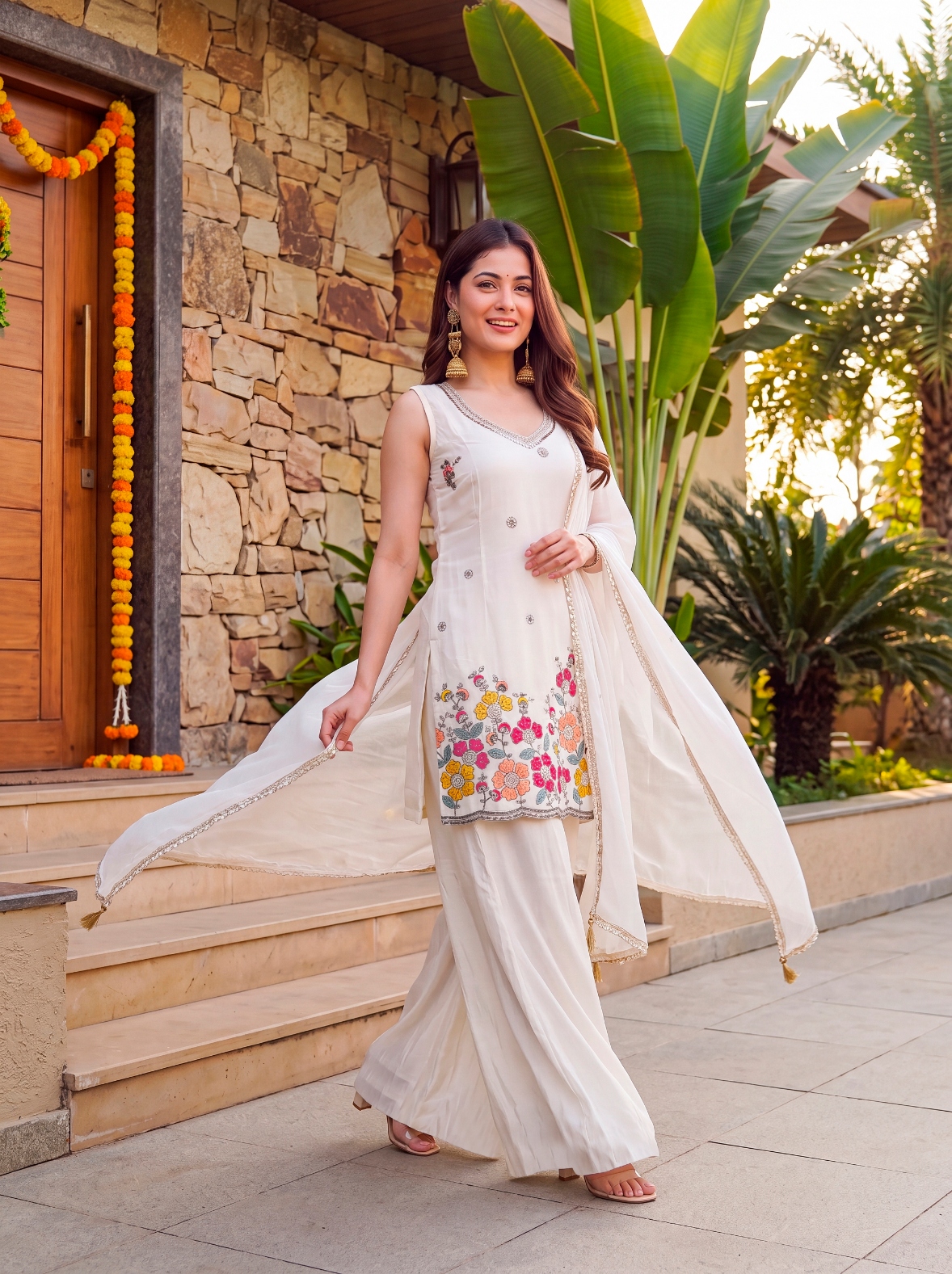 Off White Bead Work French Crepe Palazzo Suit