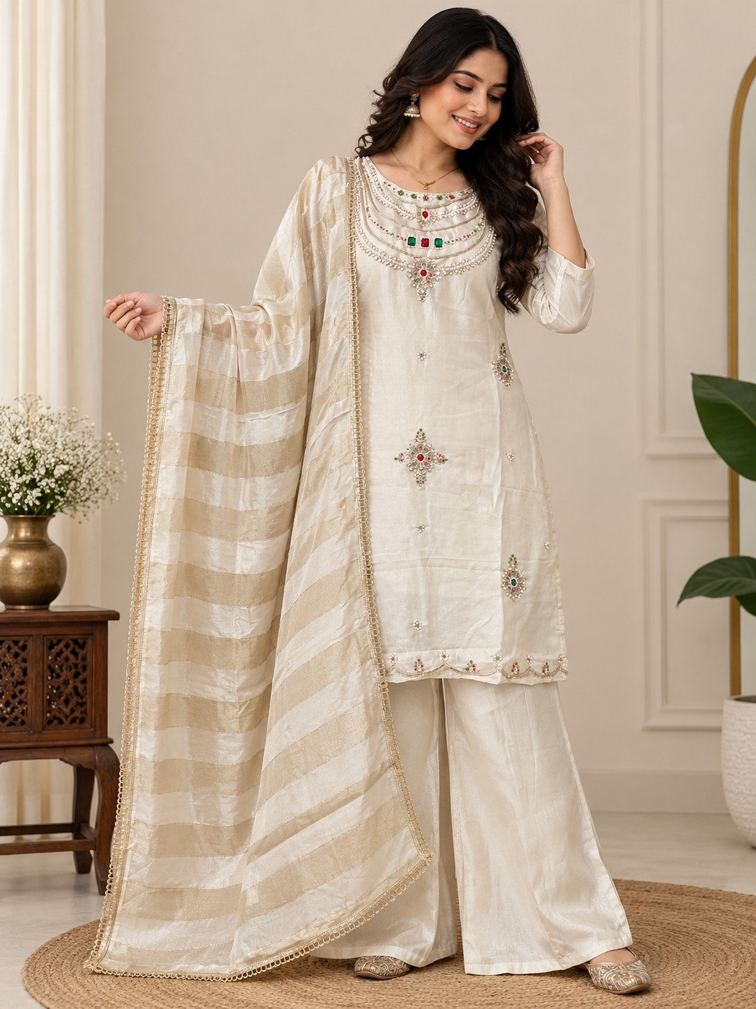 Off White Beaded Glass Silk Palazzo Suit