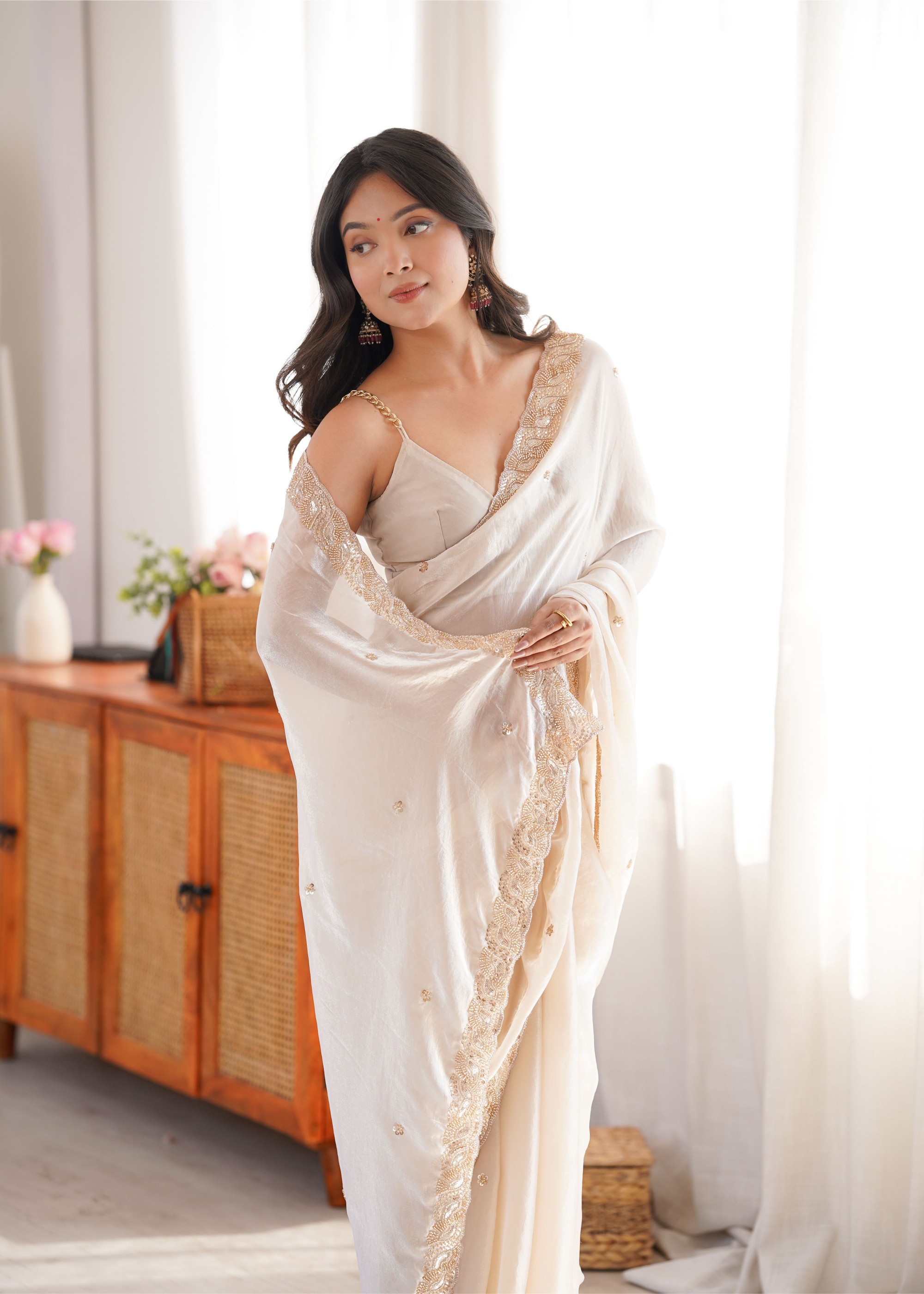 Off White Beads Pearl Fendy Satin Saree