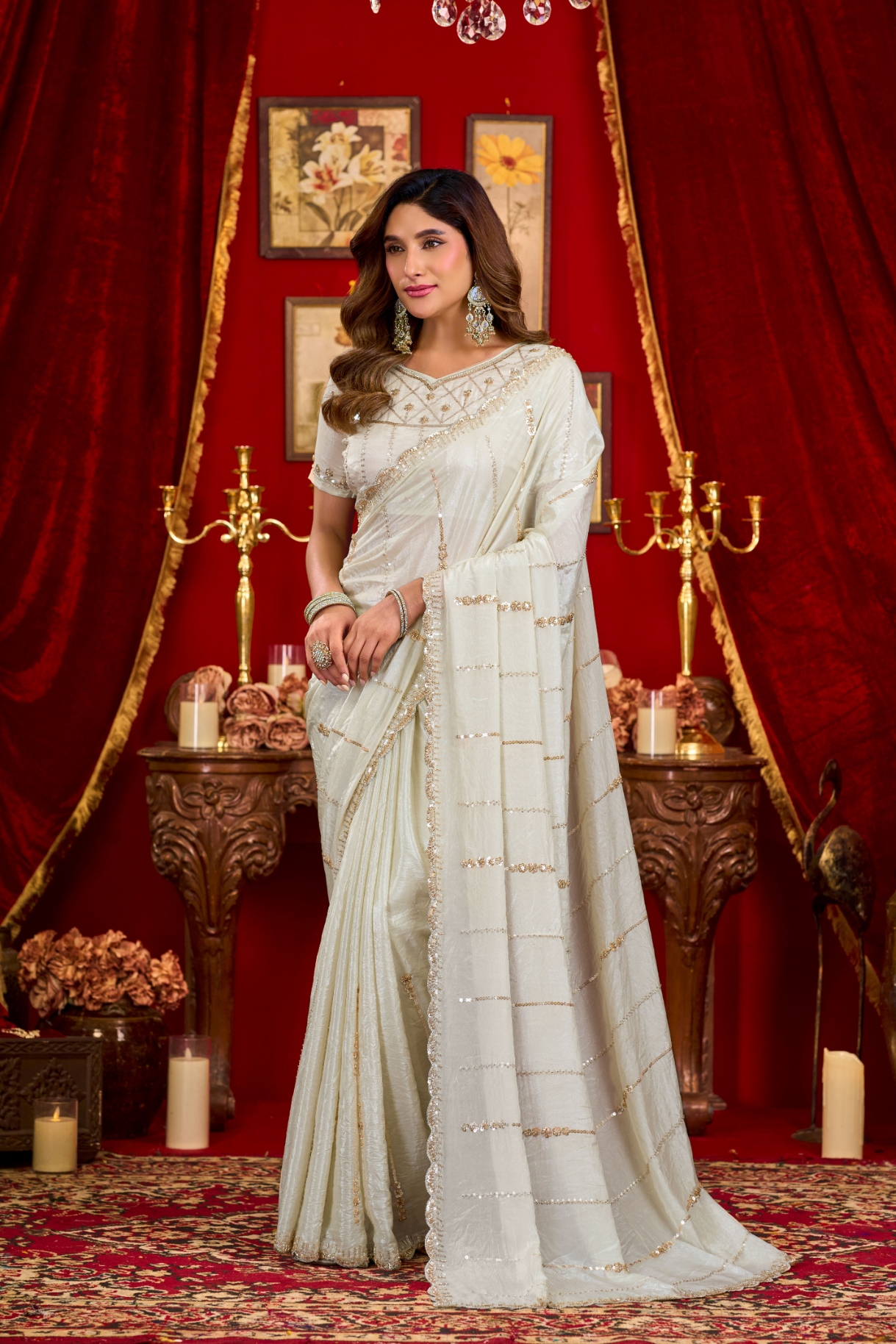 Off White Beads Sequin Prada Silk Saree