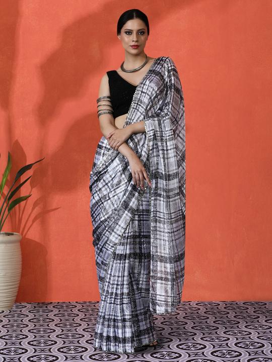 Off White Black Printed Chinnon Saree