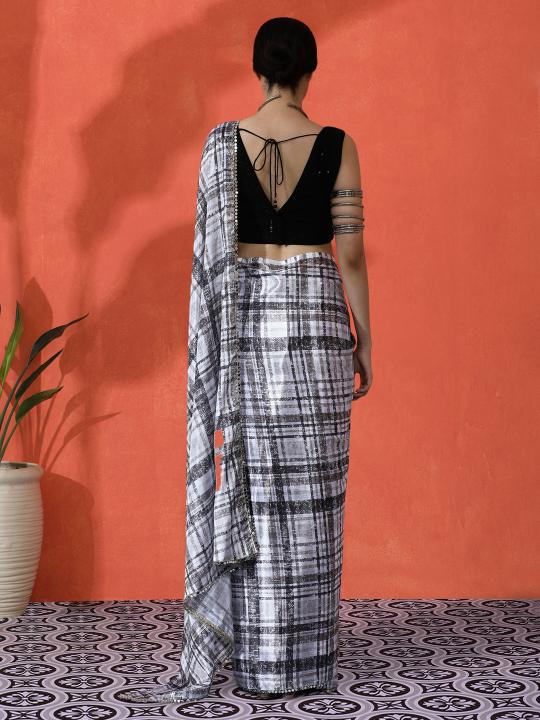 Off White Black Printed Chinnon Saree — alternate view