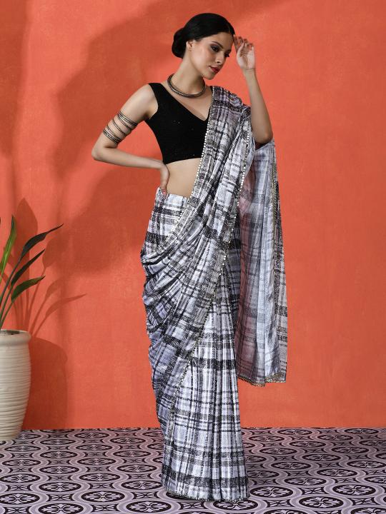 Off White Black Printed Chinnon Saree