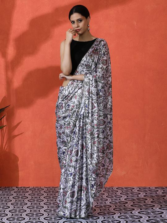 Off White Black Printed Chinnon Saree