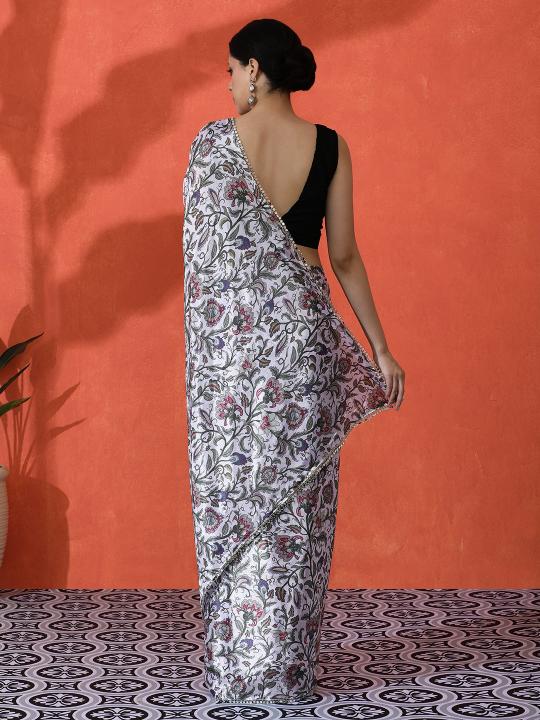 Off White Black Printed Chinnon Saree — alternate view