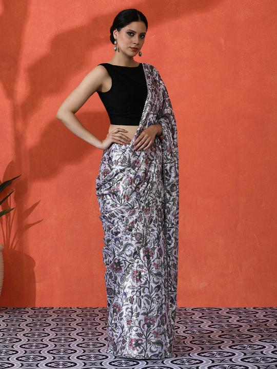 Off White Black Printed Chinnon Saree