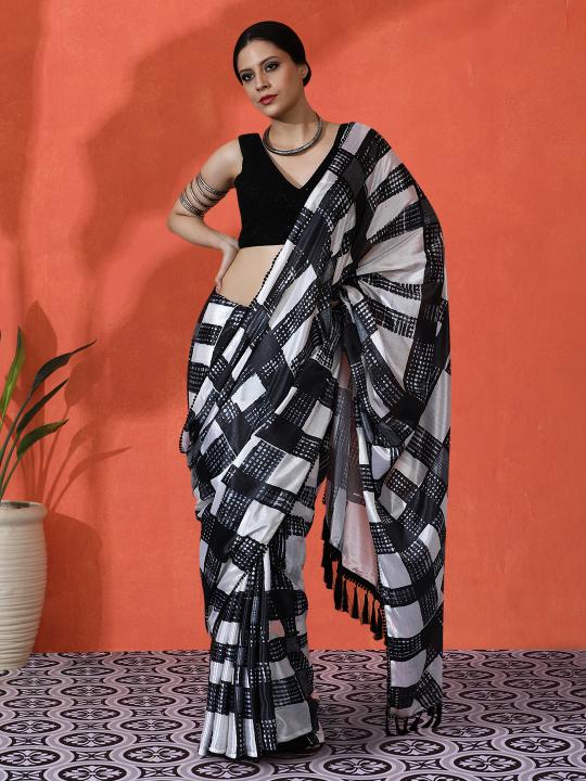 Off White Black Printed Chinnon Saree