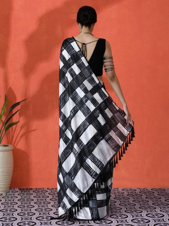 Off White Black Printed Chinnon Saree — alternate view