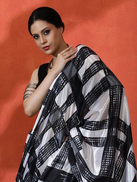 Off White Black Printed Chinnon Saree