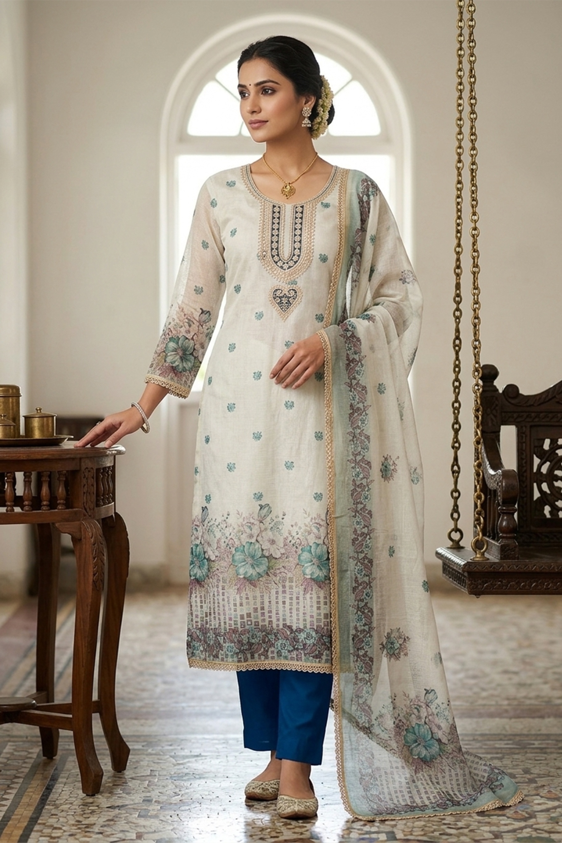Off White Blue Floral Digital Printed Linen Cotton Salwar Suit