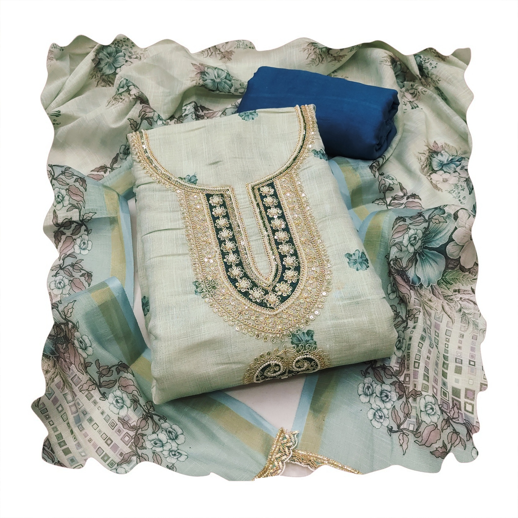 Off White Blue Floral Digital Printed Linen Cotton Salwar Suit — alternate view