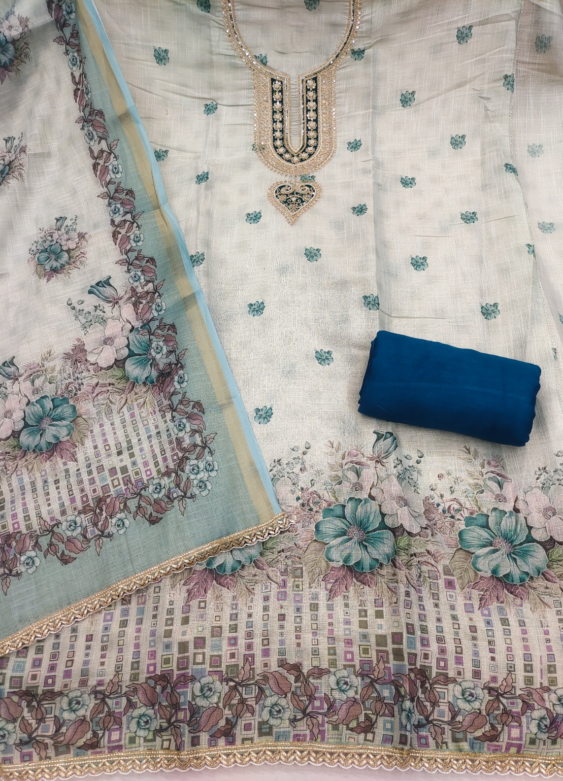 Off White Blue Floral Digital Printed Linen Cotton Salwar Suit