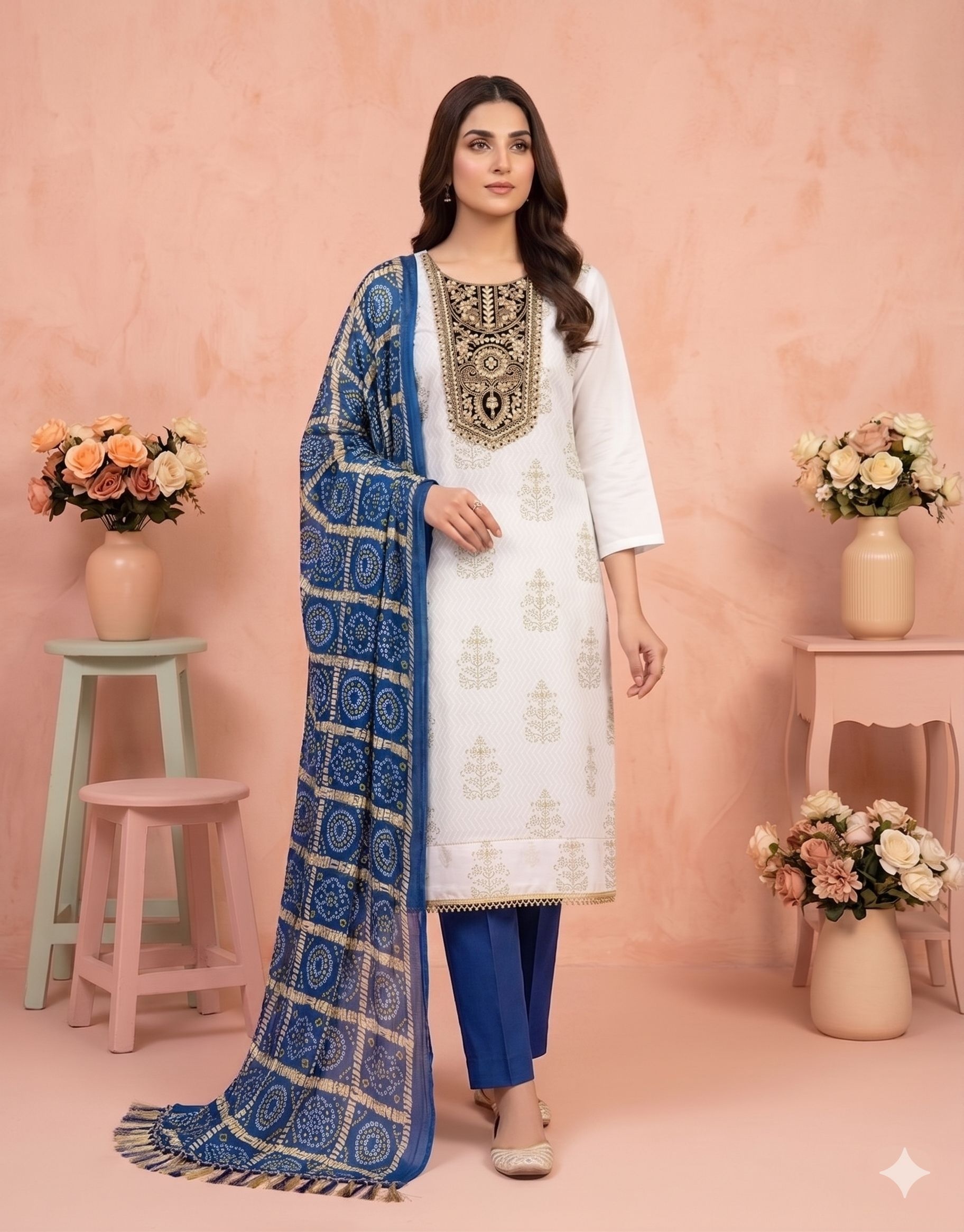 Off White Blue Printed Rayon Salwar Suit