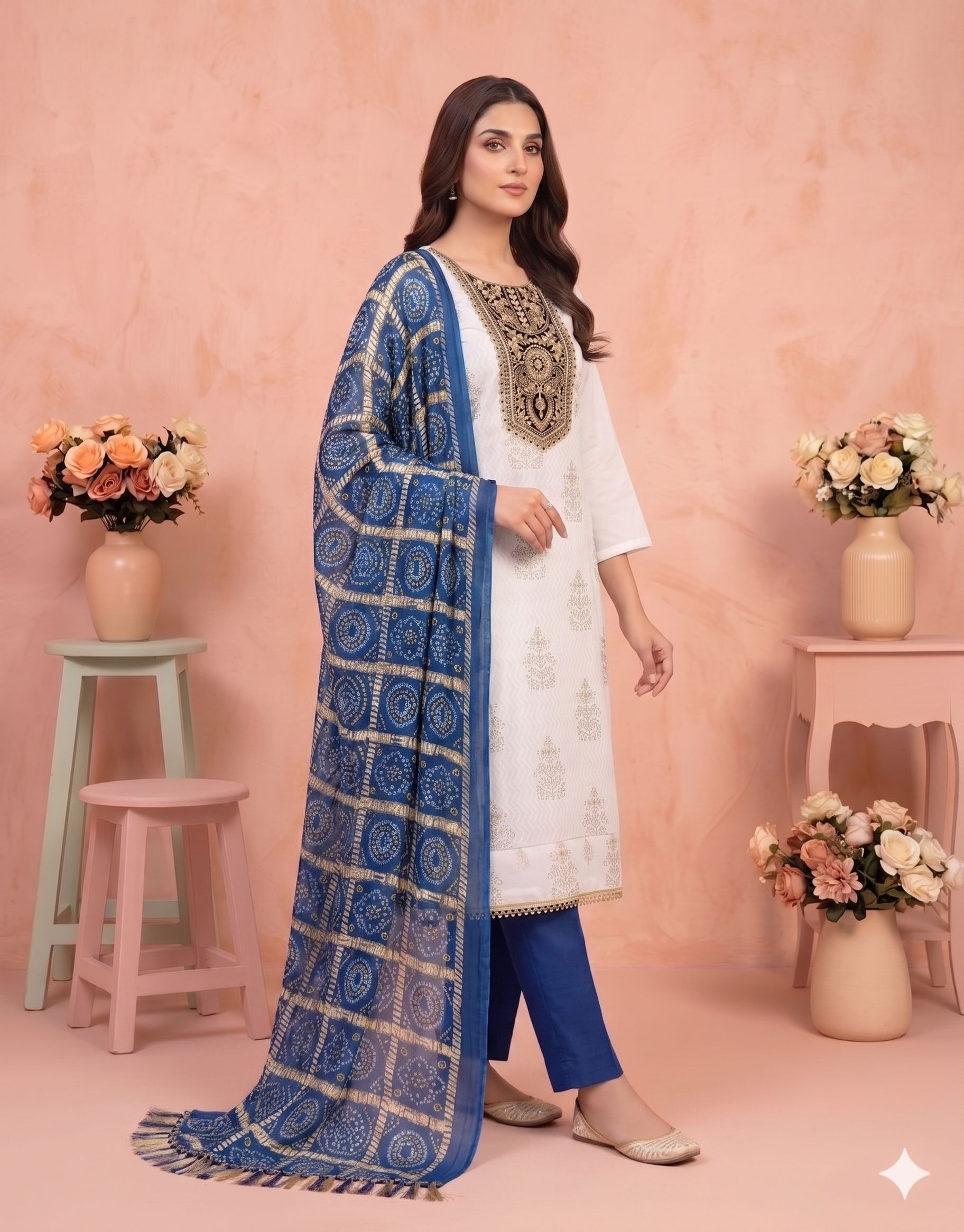 Off White Blue Printed Rayon Salwar Suit