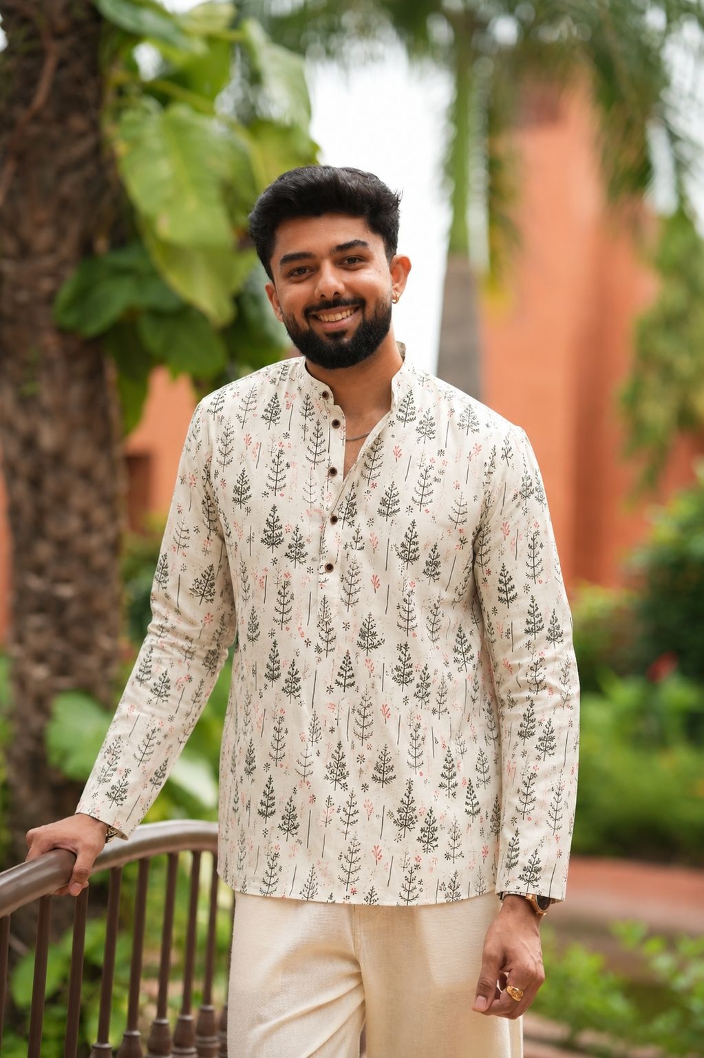 Off White Botanical Printed Swiss Linen Short Kurta