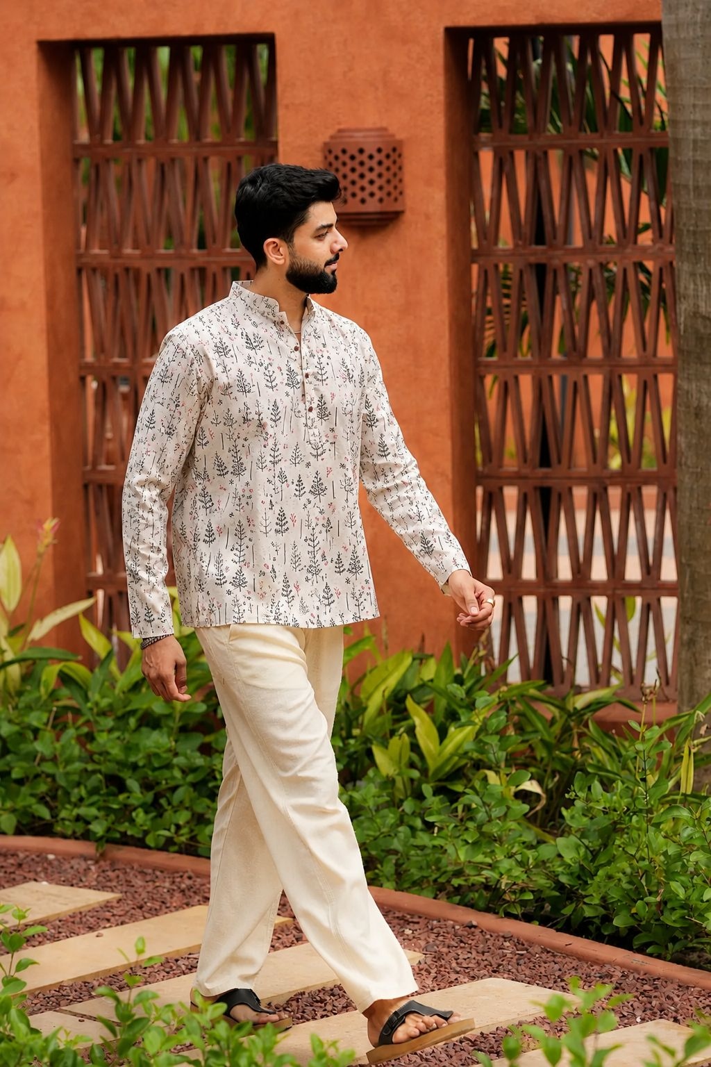 Off White Botanical Printed Swiss Linen Short Kurta — alternate view