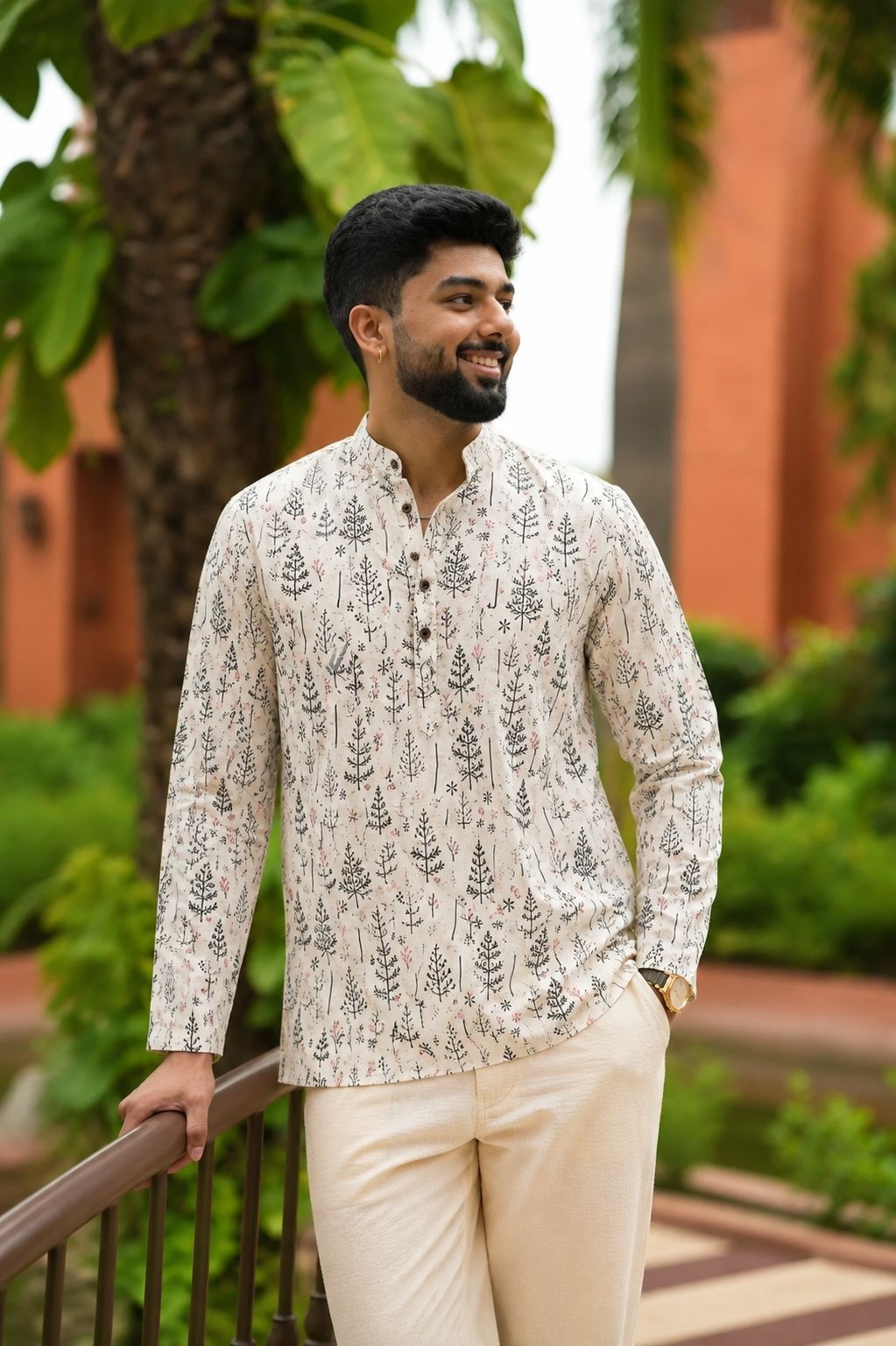 Off White Botanical Printed Swiss Linen Short Kurta