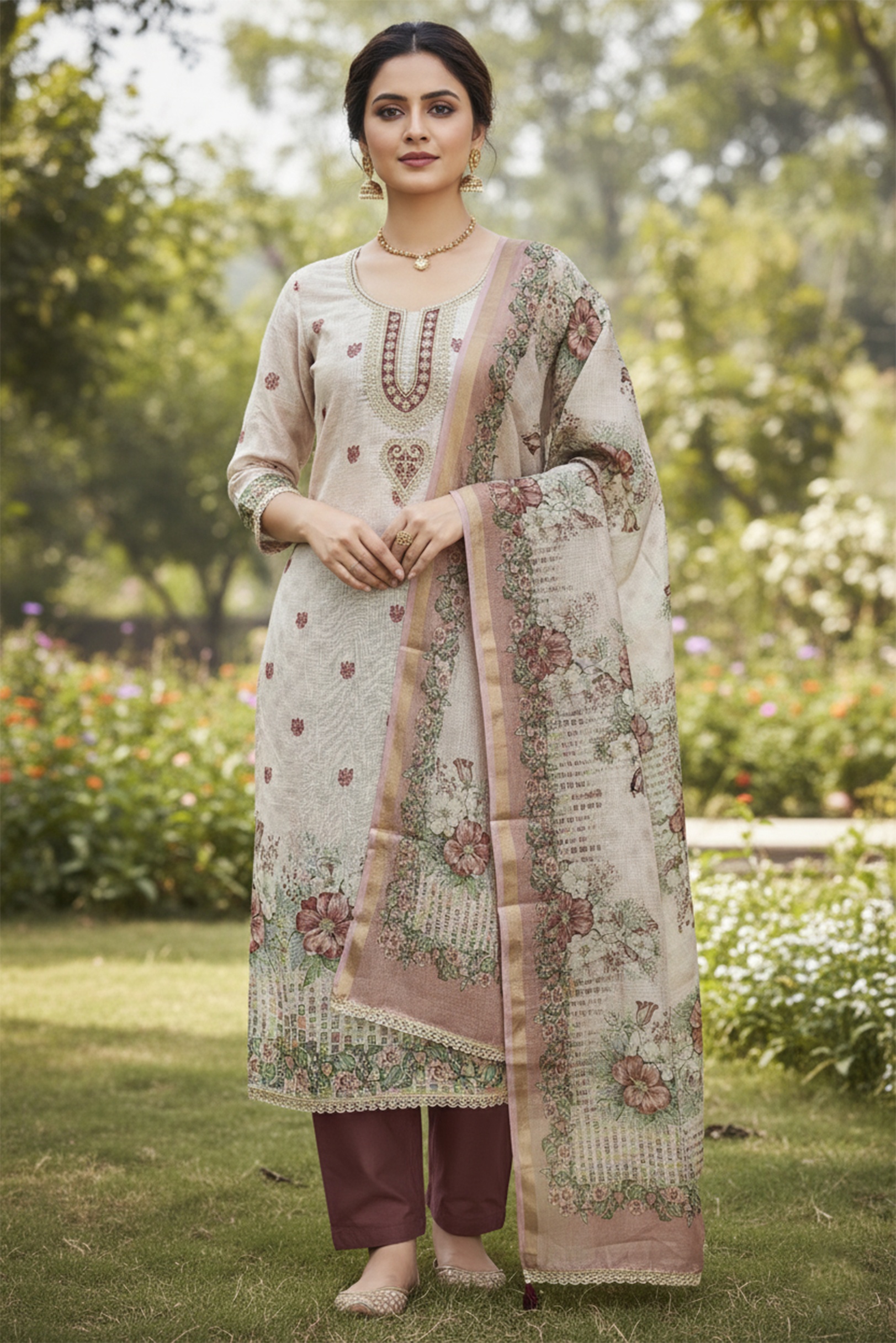 Off White Brown Floral Digital Printed Linen Cotton Salwar Suit