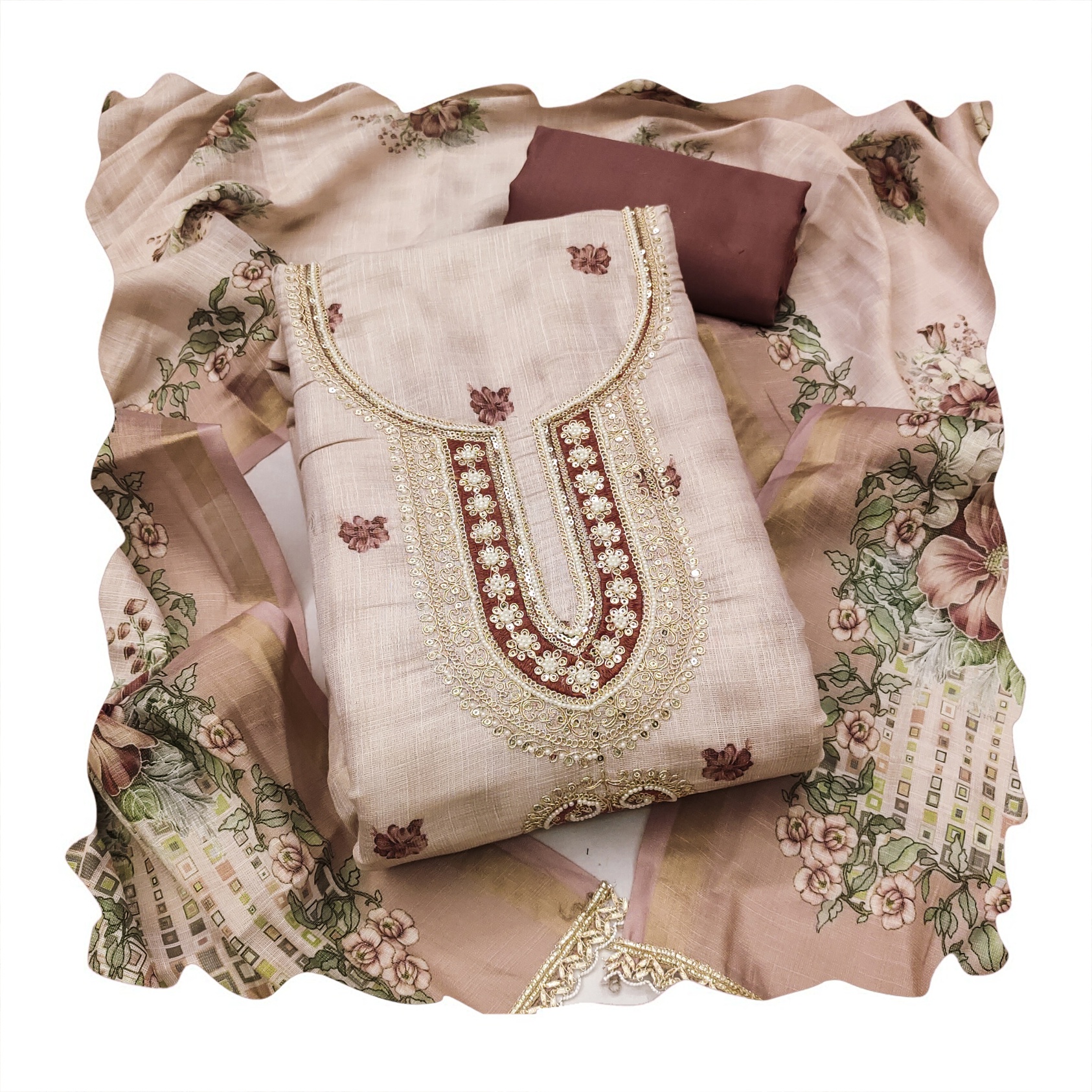 Off White Brown Floral Digital Printed Linen Cotton Salwar Suit — alternate view