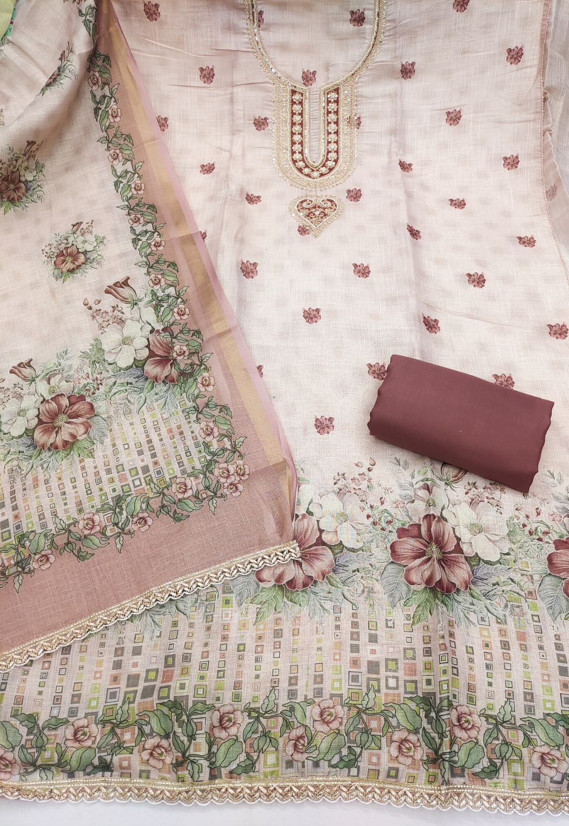Off White Brown Floral Digital Printed Linen Cotton Salwar Suit