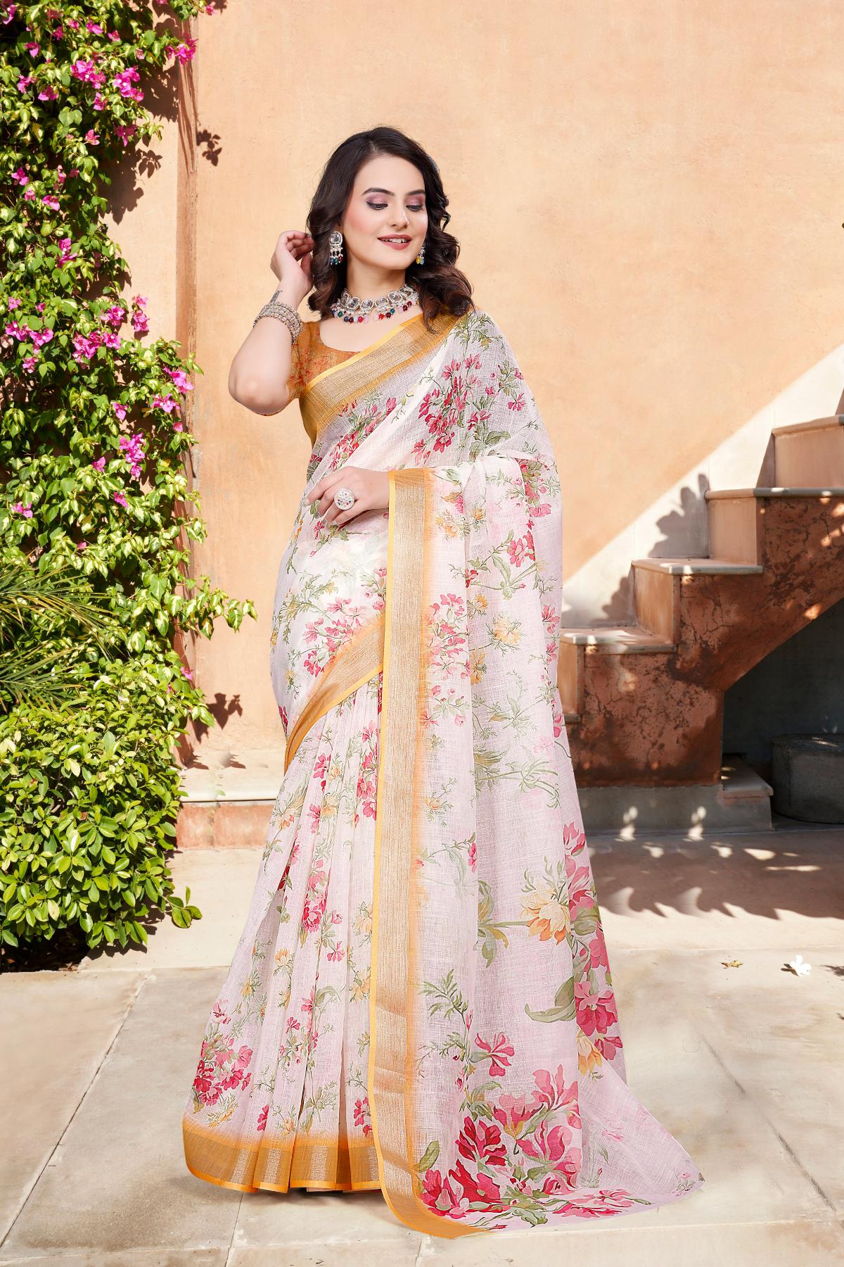 Off White Brown Linen Cotton Saree