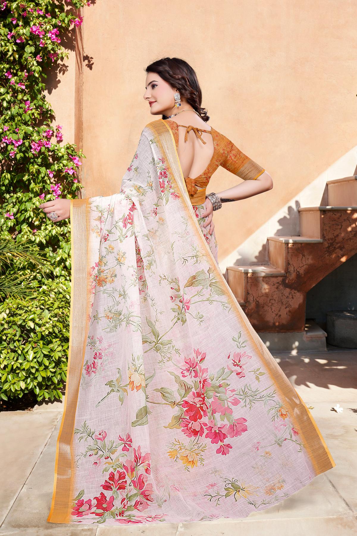 Off White Brown Linen Cotton Saree — alternate view