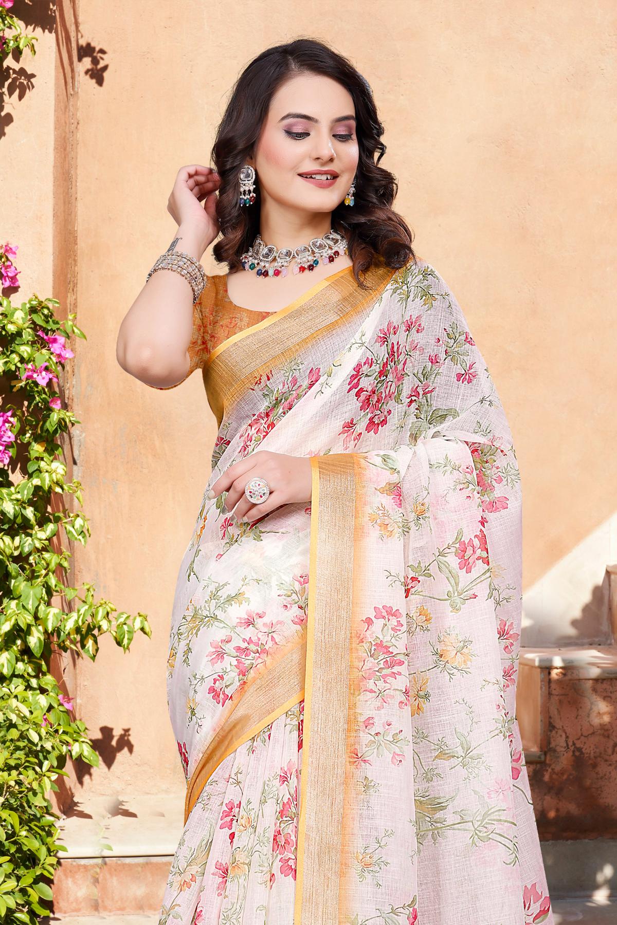 Off White Brown Linen Cotton Saree