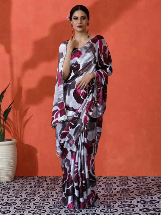 Off White Brown Printed Chinnon Saree
