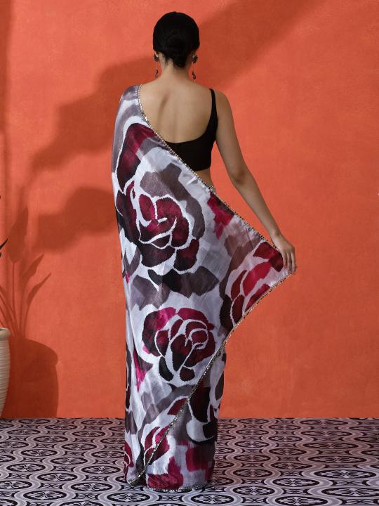 Off White Brown Printed Chinnon Saree — alternate view