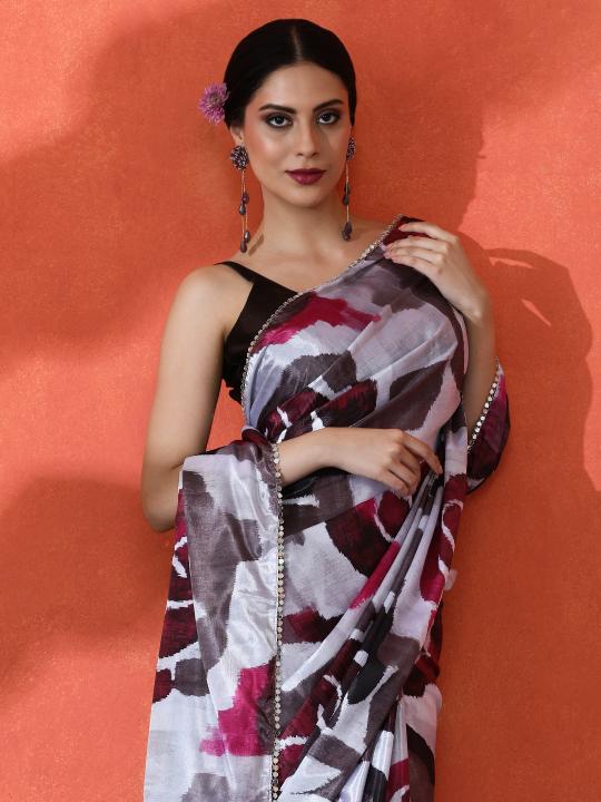 Off White Brown Printed Chinnon Saree