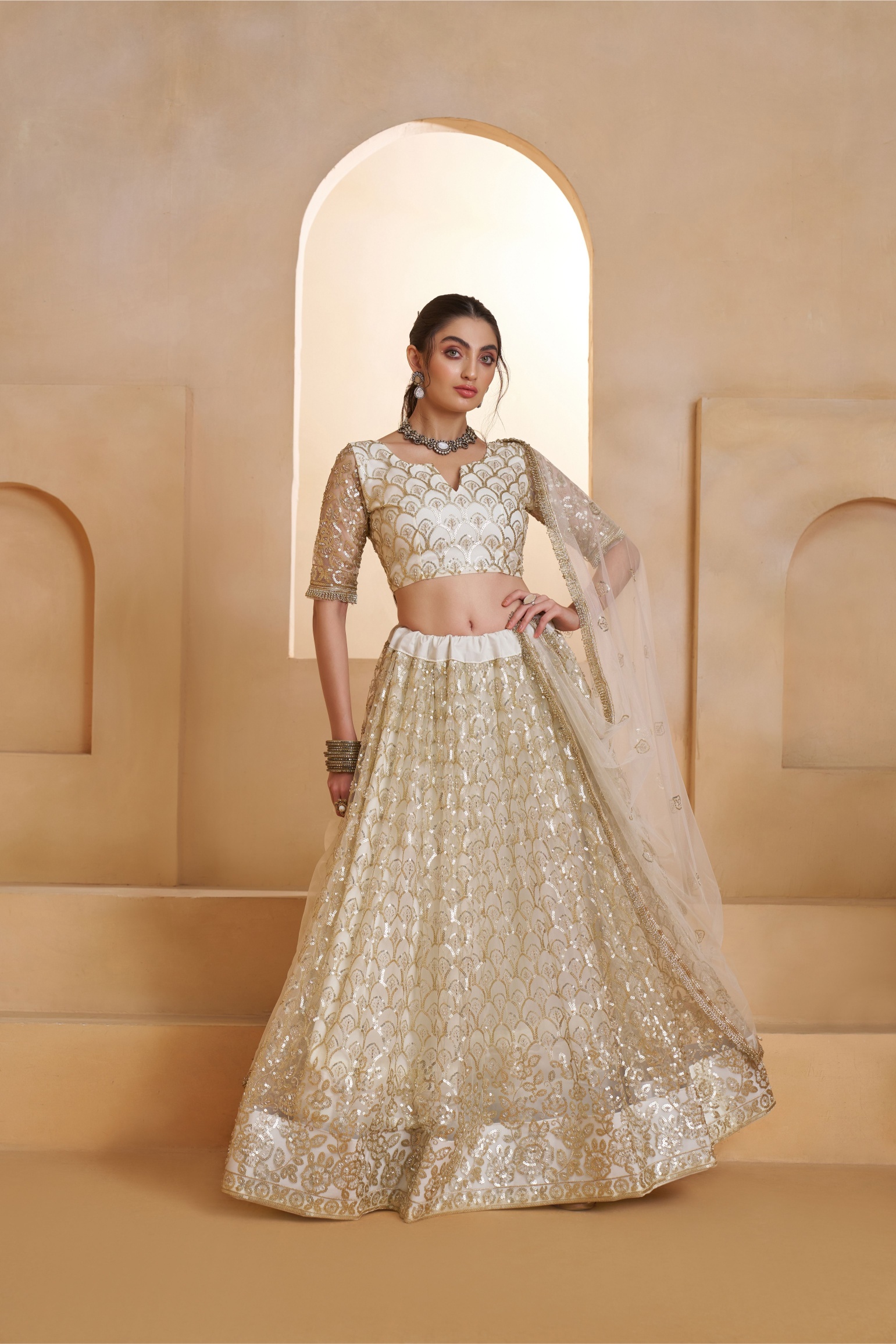 Off White Butterfly Net Thread N Sequins Embroidered Lehenga Choli