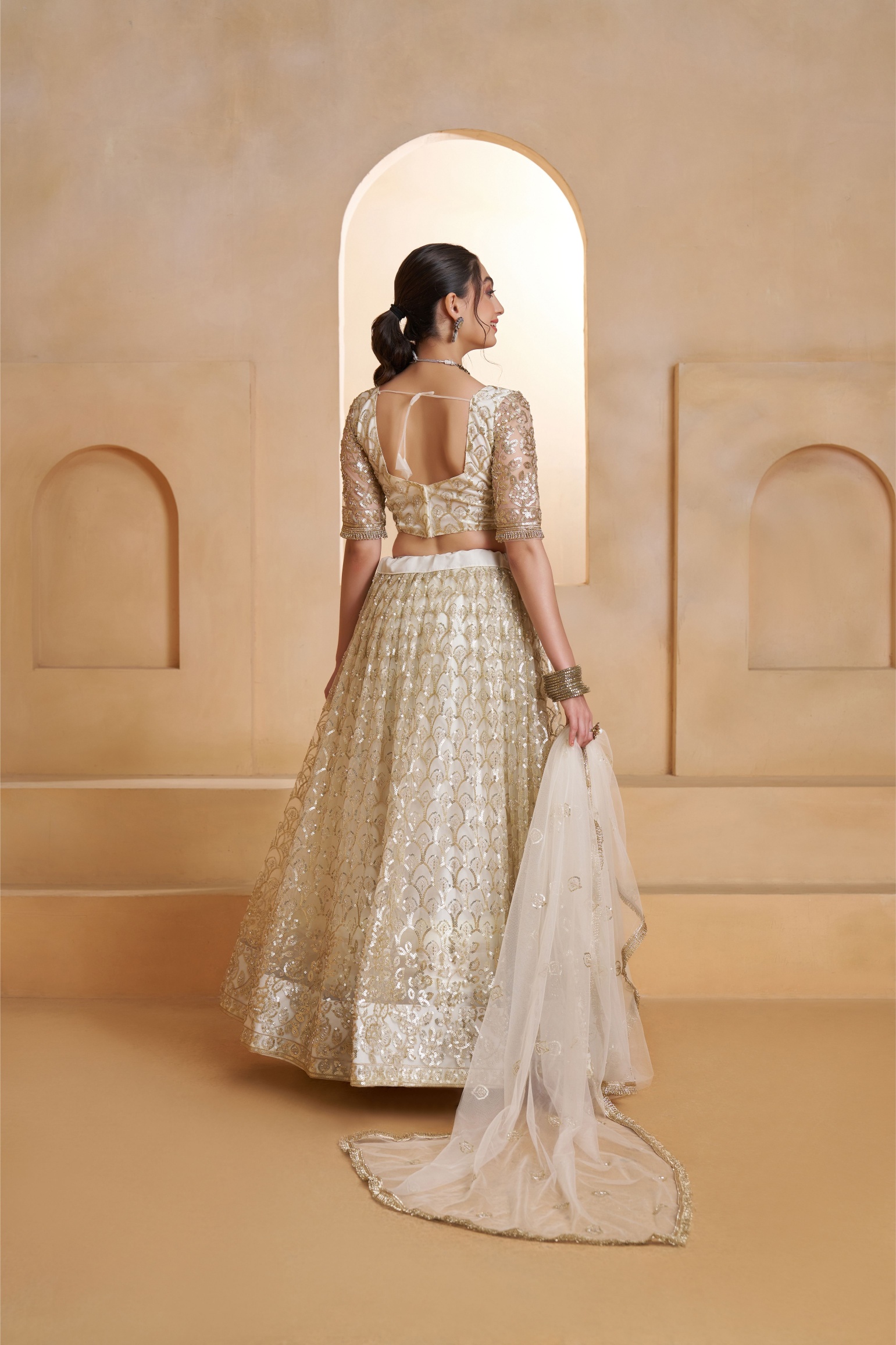 Off White Butterfly Net Thread N Sequins Embroidered Lehenga Choli — alternate view