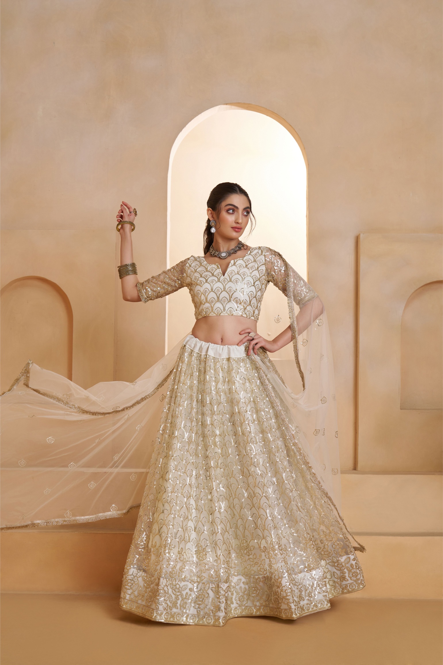 Off White Butterfly Net Thread N Sequins Embroidered Lehenga Choli