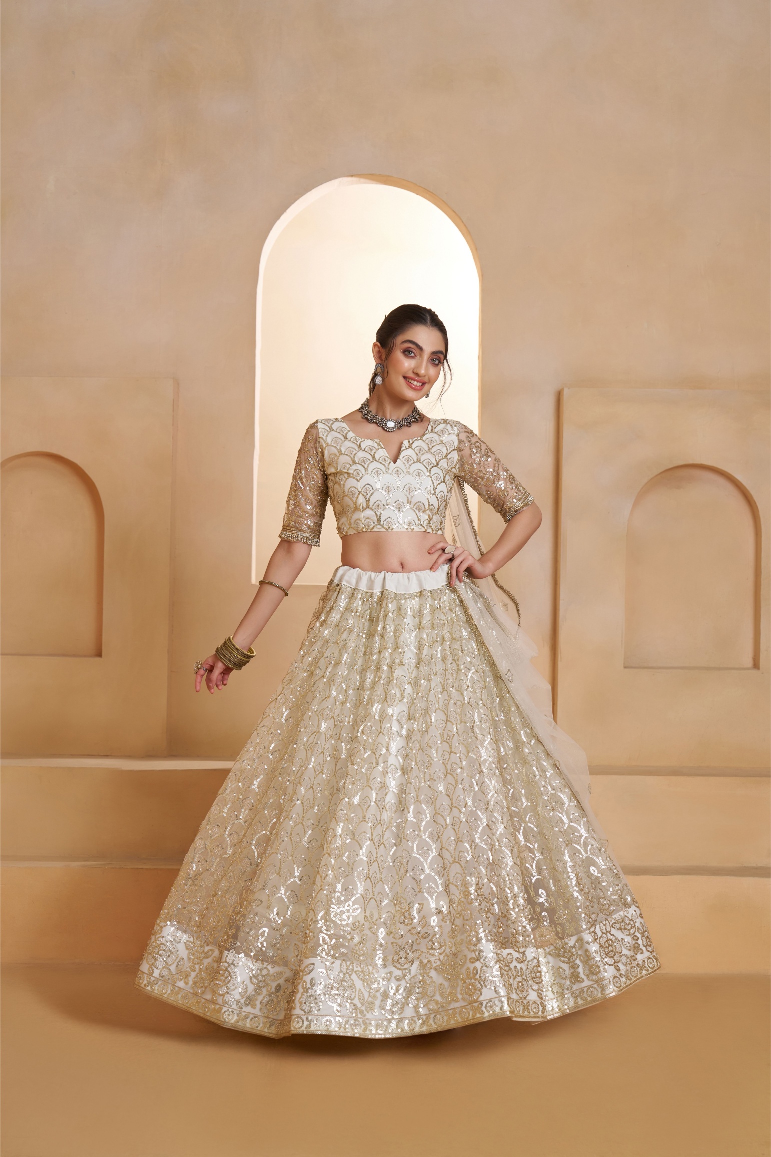 Off White Butterfly Net Thread N Sequins Embroidered Lehenga Choli