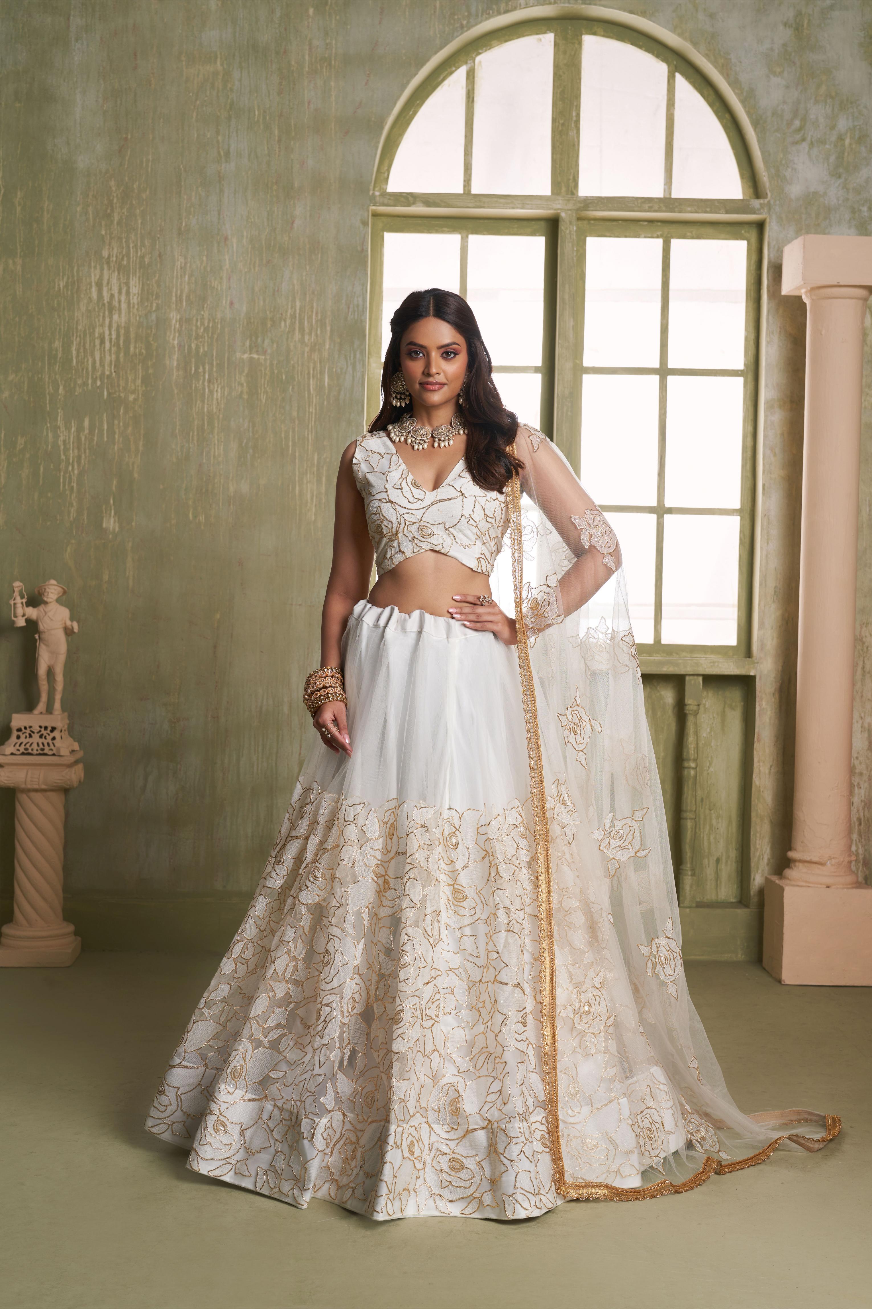 Off White Butterfly Net Umbrella Lehenga
