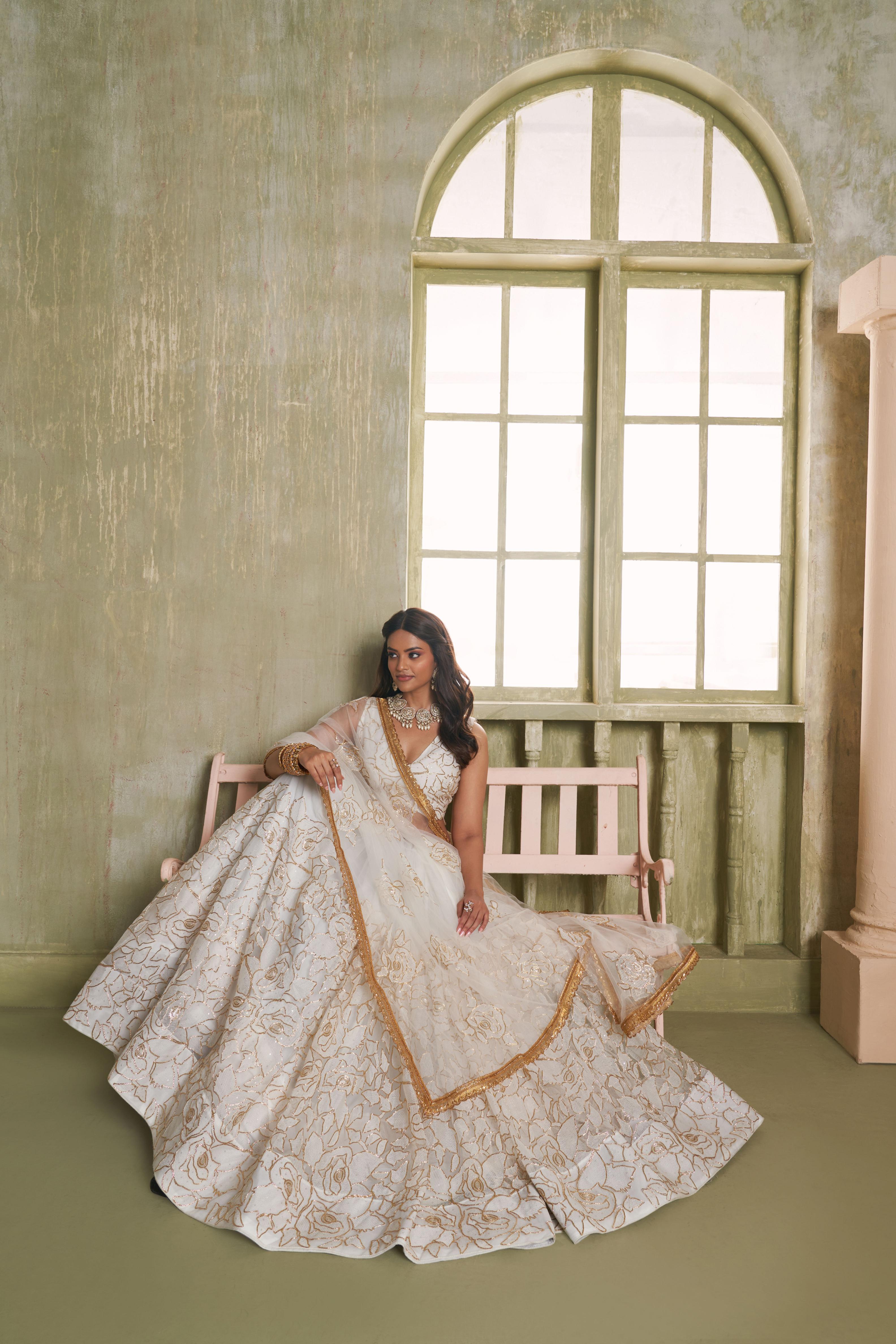 Off White Butterfly Net Umbrella Lehenga