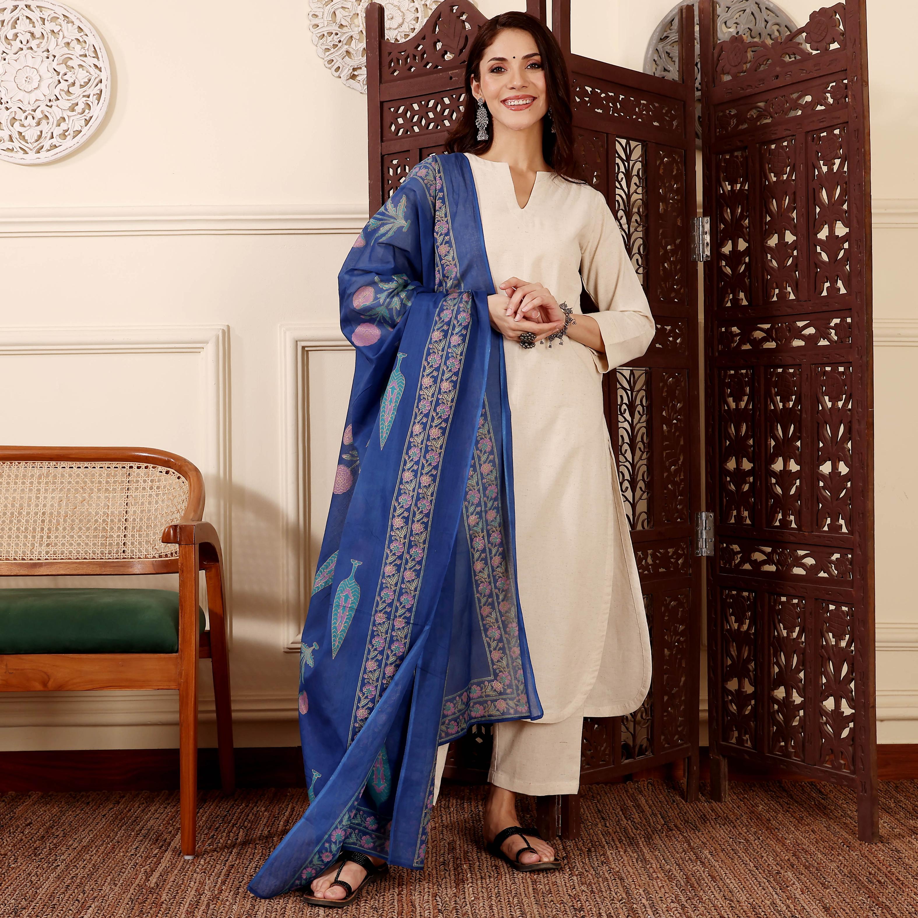 Off-White Chanderi Printed Readymade Suit