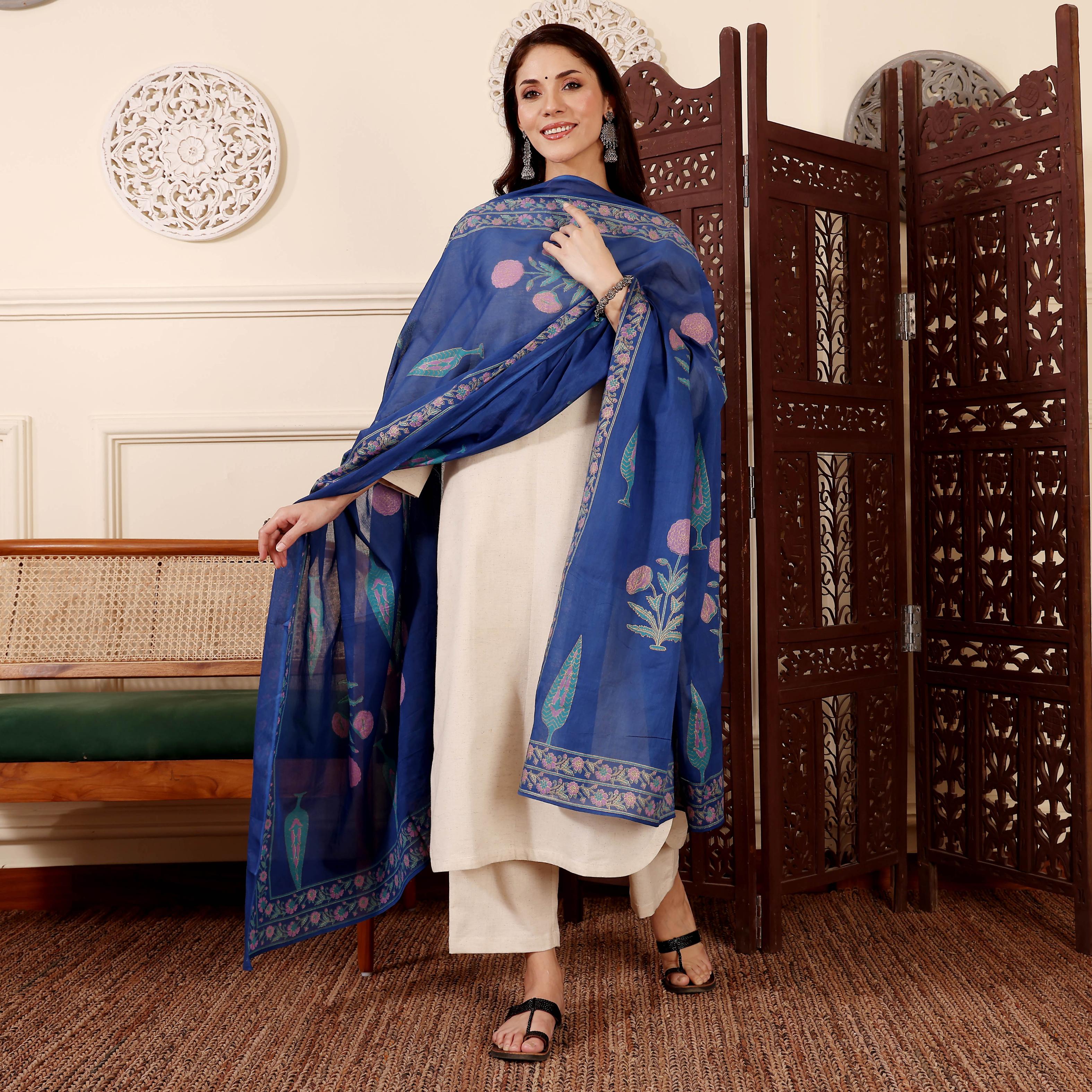 Off-White Chanderi Printed Readymade Suit