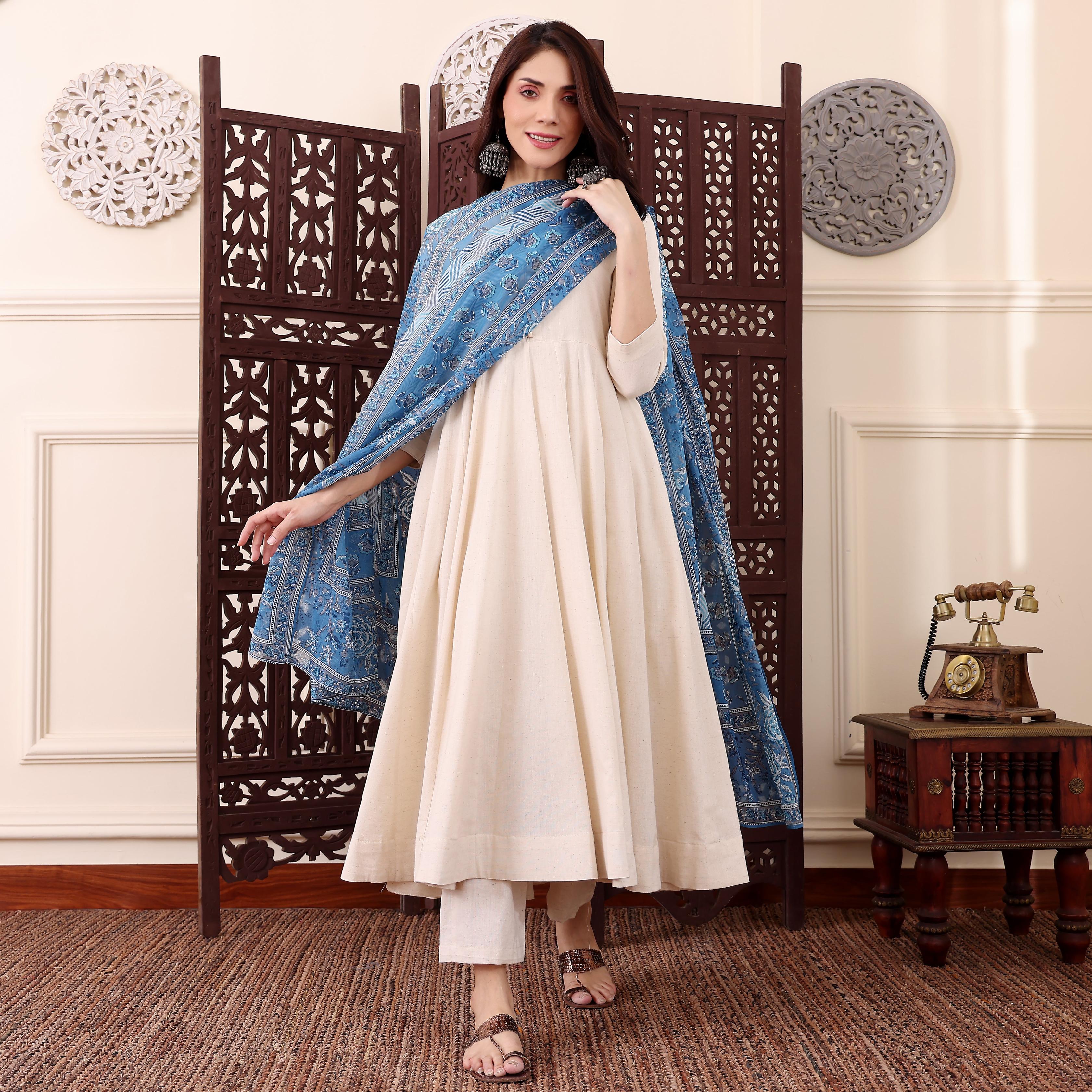 Off-White Chanderi Printed Readymade Suit with Collar Neck