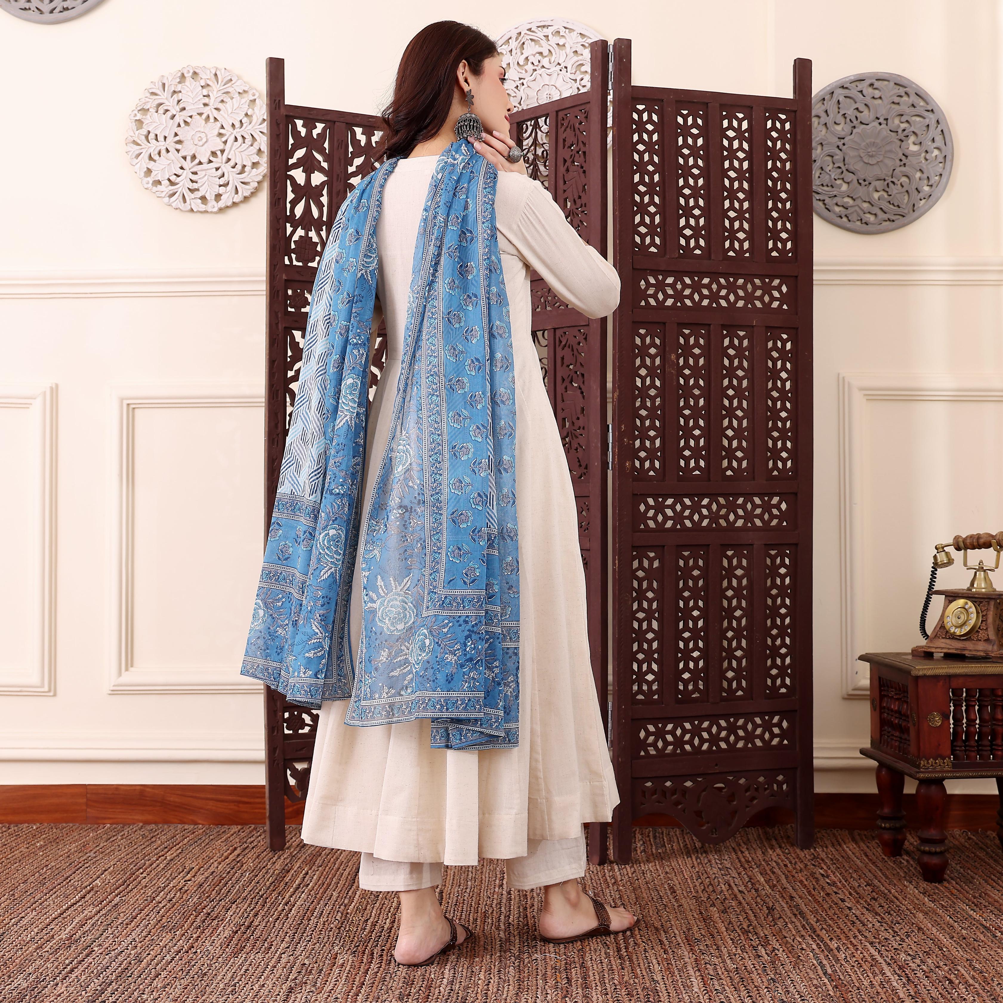 Off-White Chanderi Printed Readymade Suit with Collar Neck — alternate view