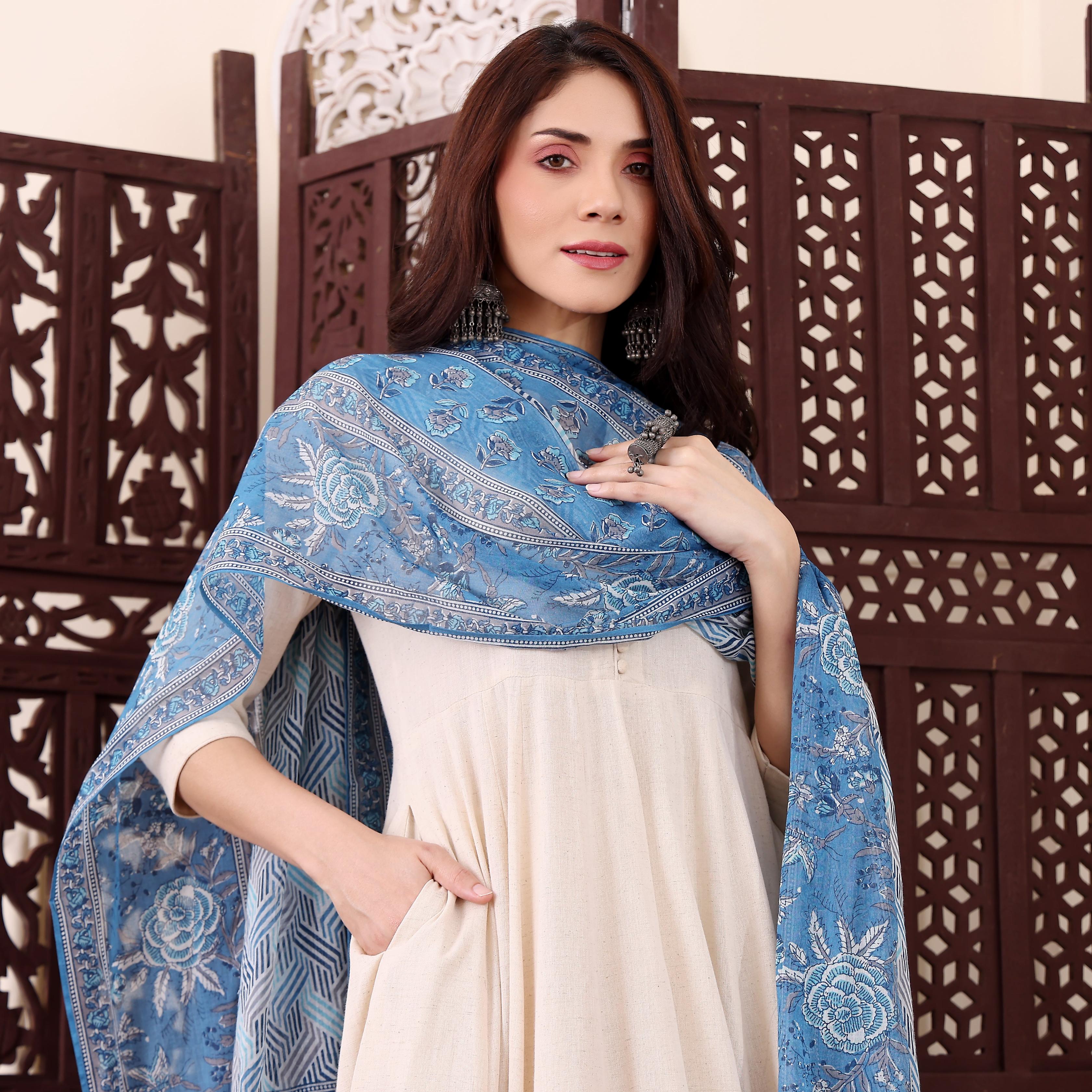 Off-White Chanderi Printed Readymade Suit with Collar Neck