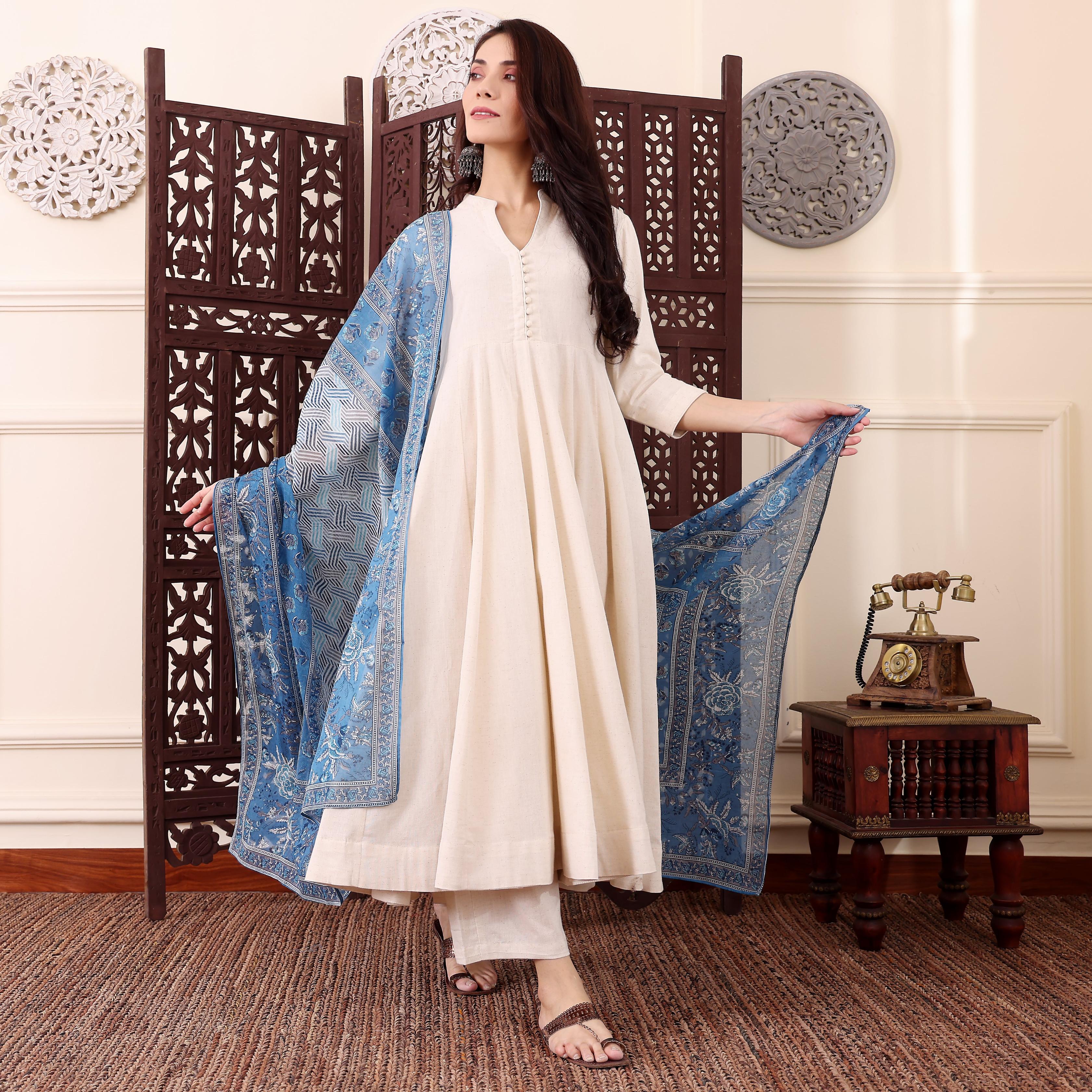 Off-White Chanderi Printed Readymade Suit with Collar Neck