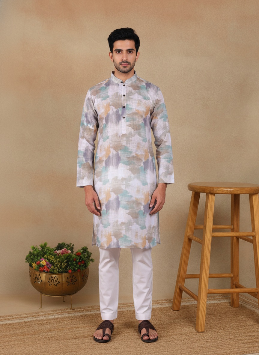 Off White Chevron Printed Linen Kurta Pyjama