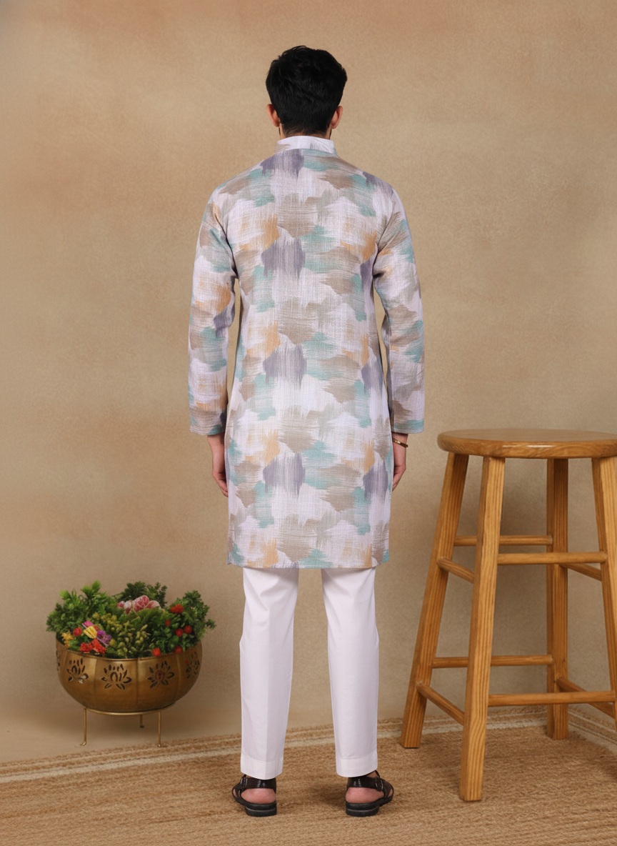 Off White Chevron Printed Linen Kurta Pyjama — alternate view