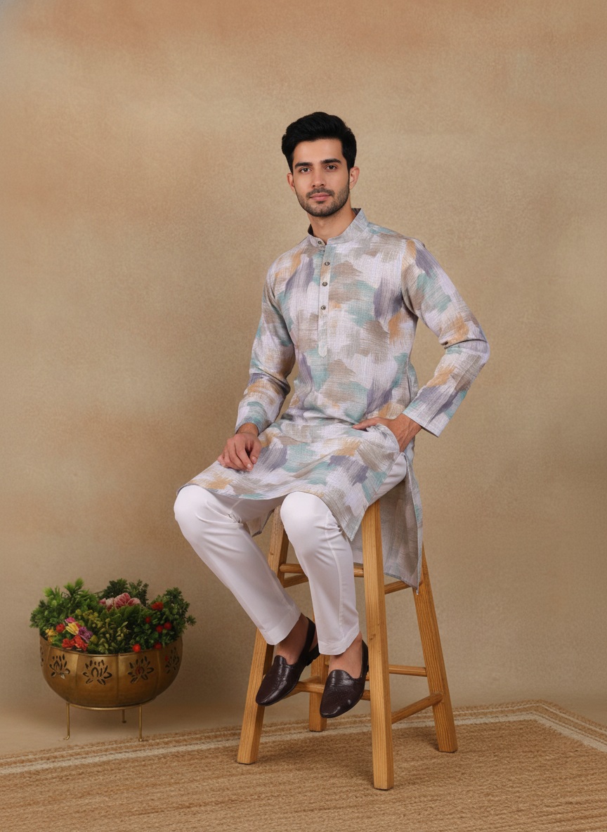 Off White Chevron Printed Linen Kurta Pyjama