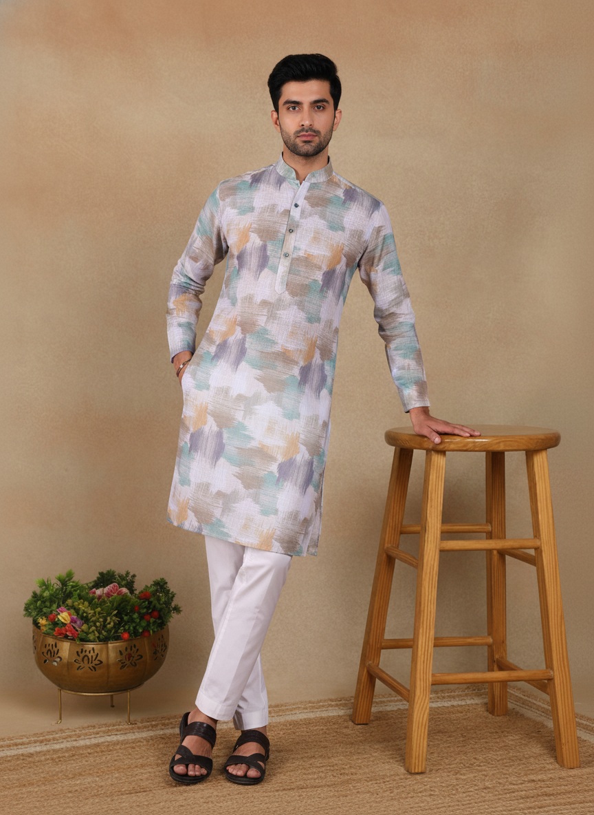 Off White Chevron Printed Linen Kurta Pyjama