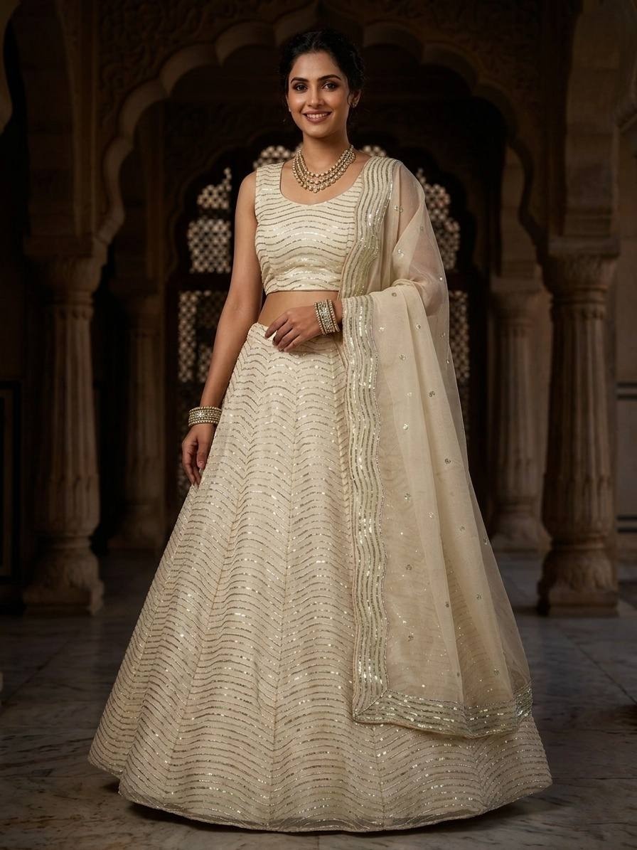 Off White Chevron Sequinsned Organza Lehenga Choli